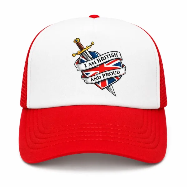 British and Proud Hat I am British and Proud Heart & Dagger Trucker Cap